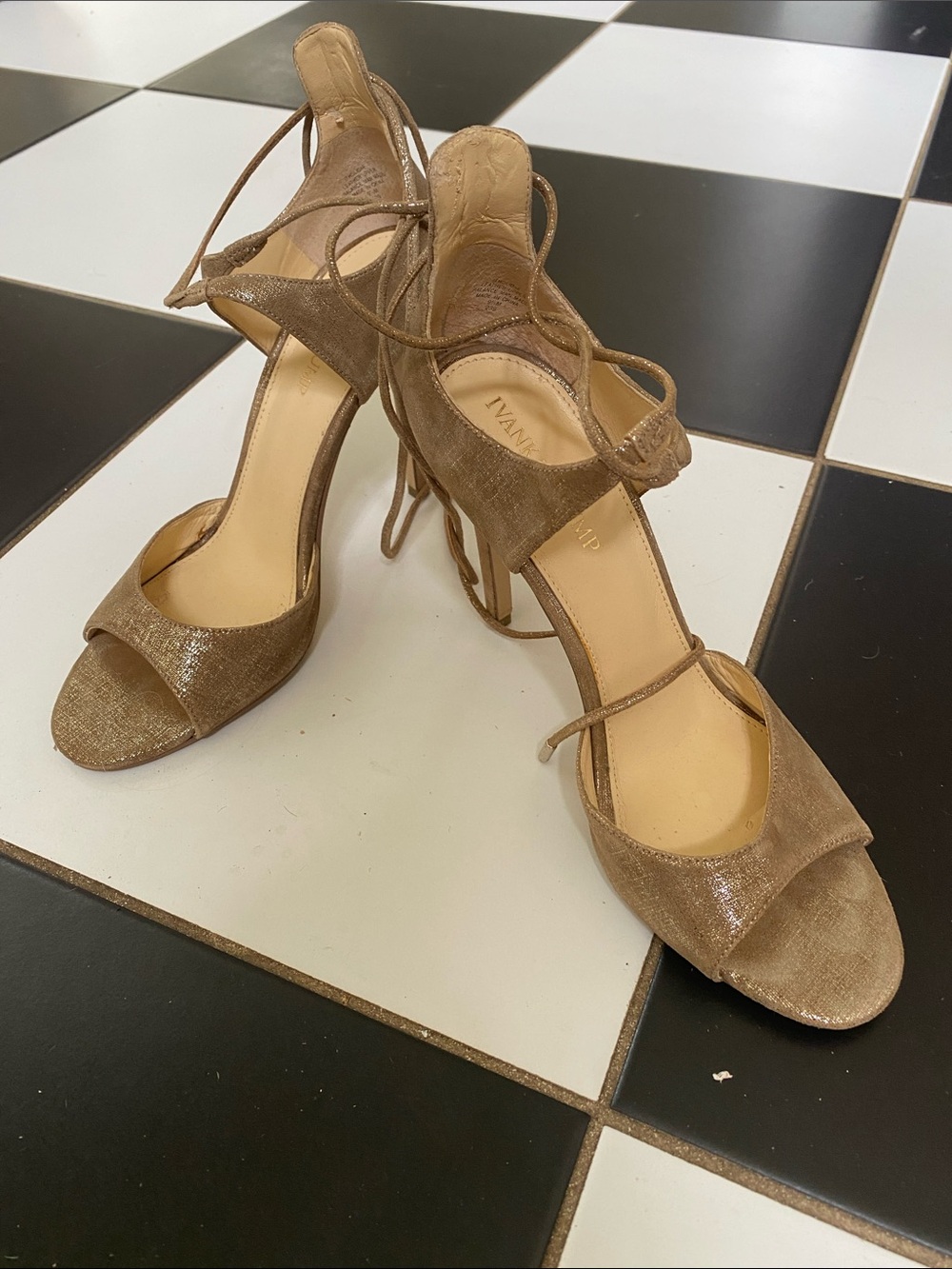 Ivanka Trump Metallic Taupe Strappy High Heel Sandals 9.5